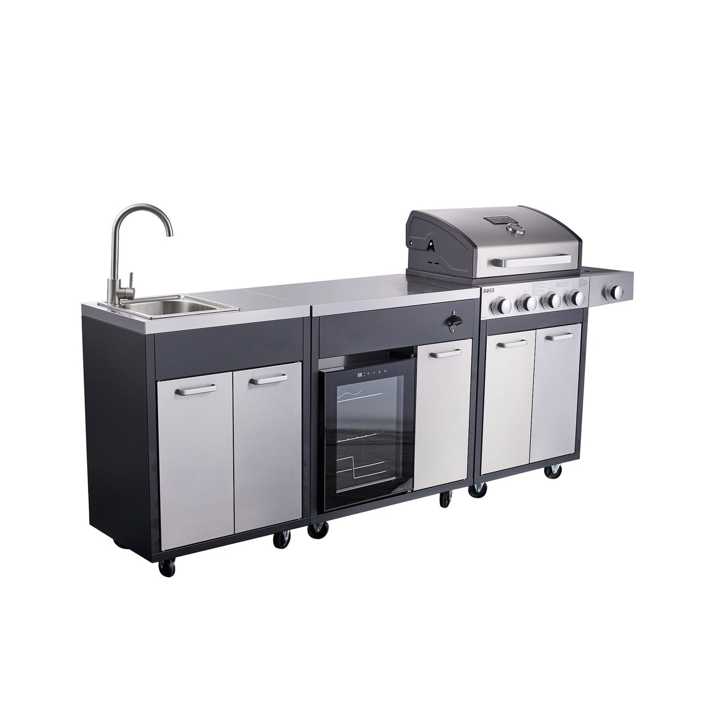 Cabinologist Outdoor Kitchen - 4 Burner Gas BBQ Grill with Beverage Cooler and Sink - Black