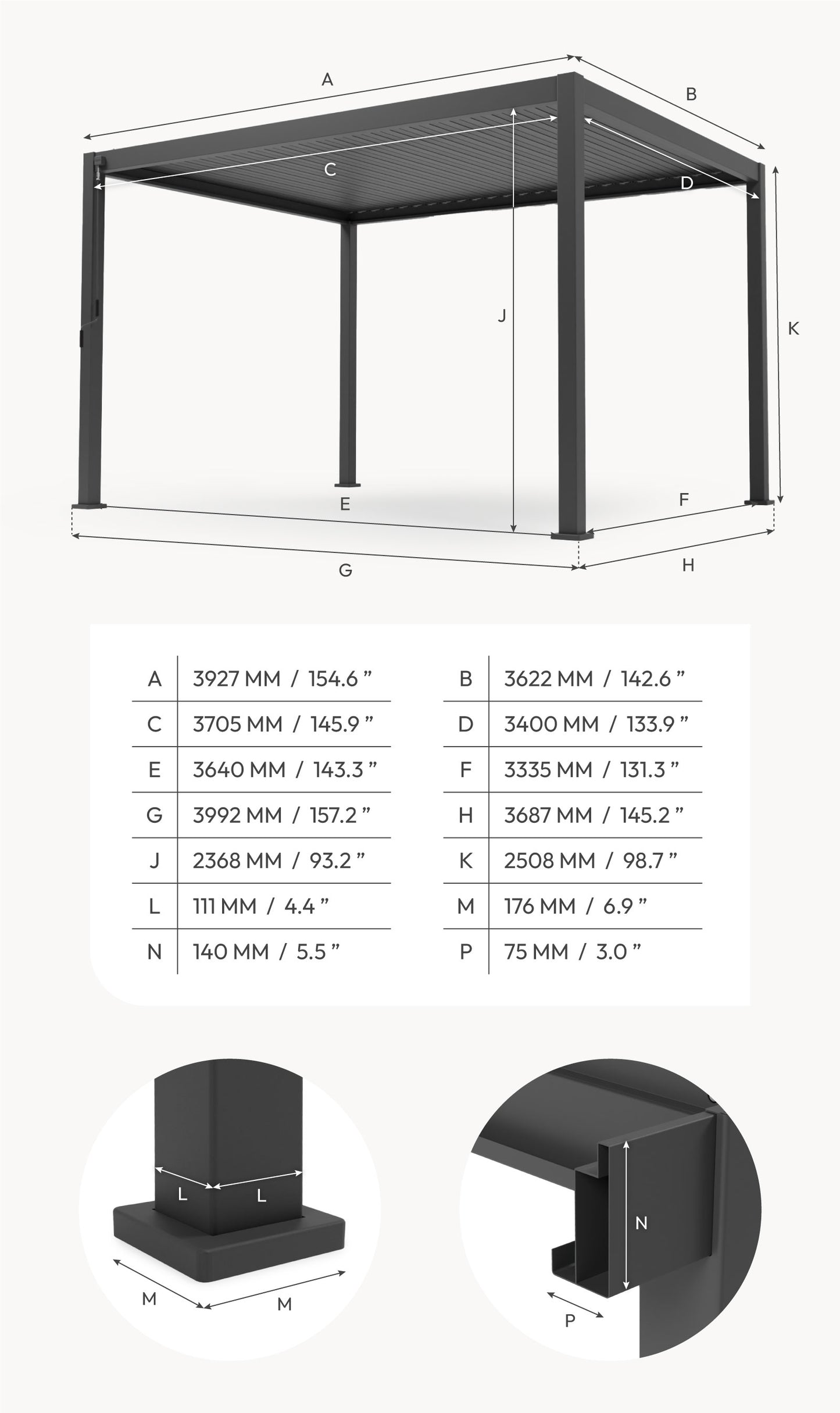 Nova Titan 4 x 3.6m manual opening pergola - grey