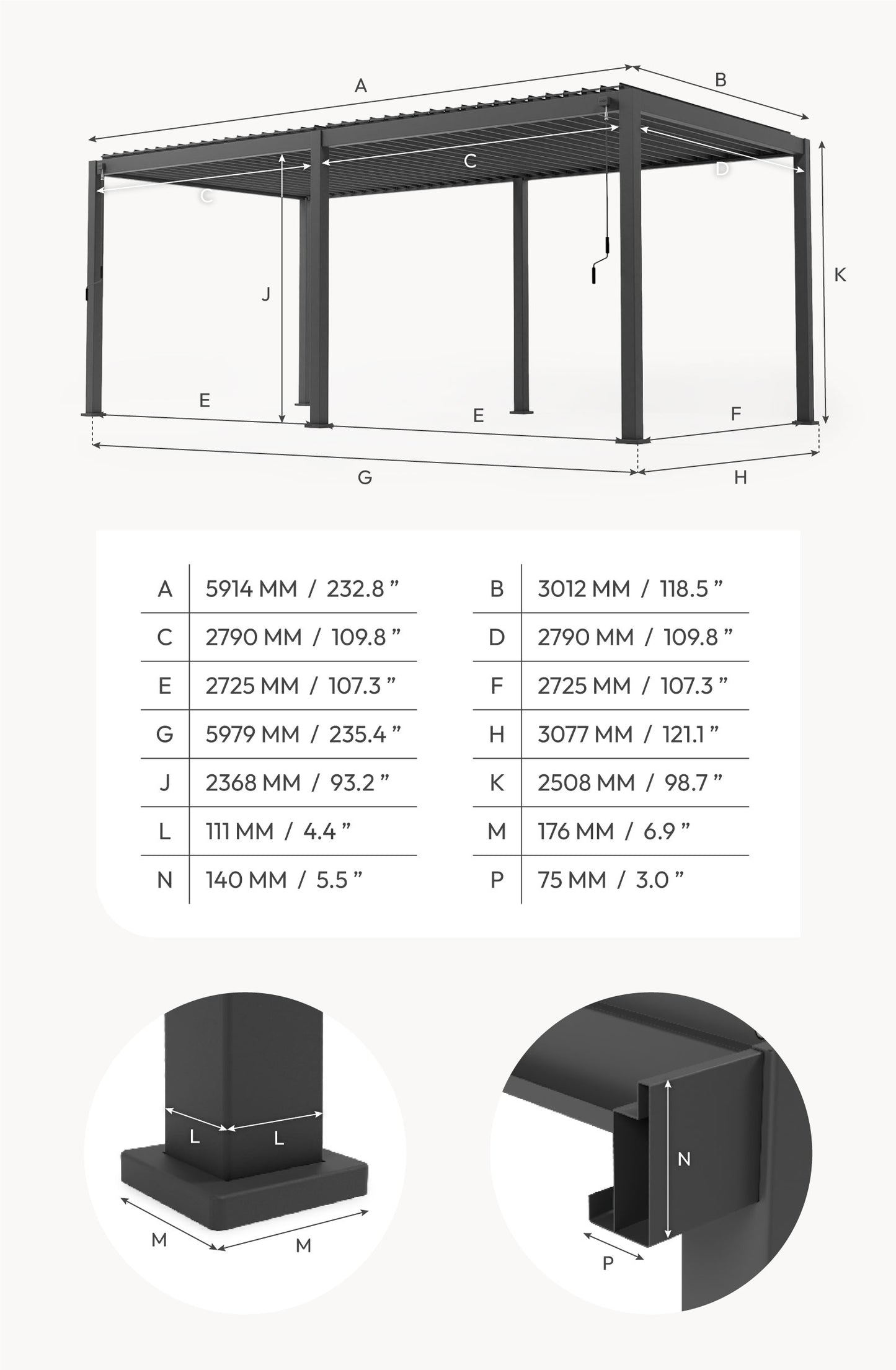 Nova Titan 6 x 3m manual opening pergola - grey