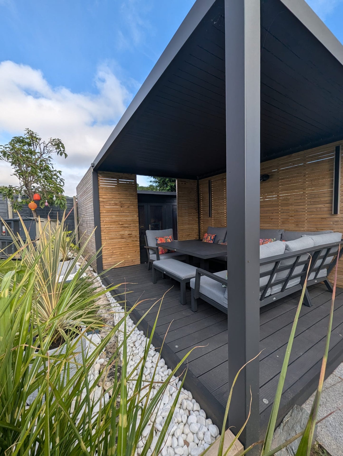 Timber slatted walls for pergolas .