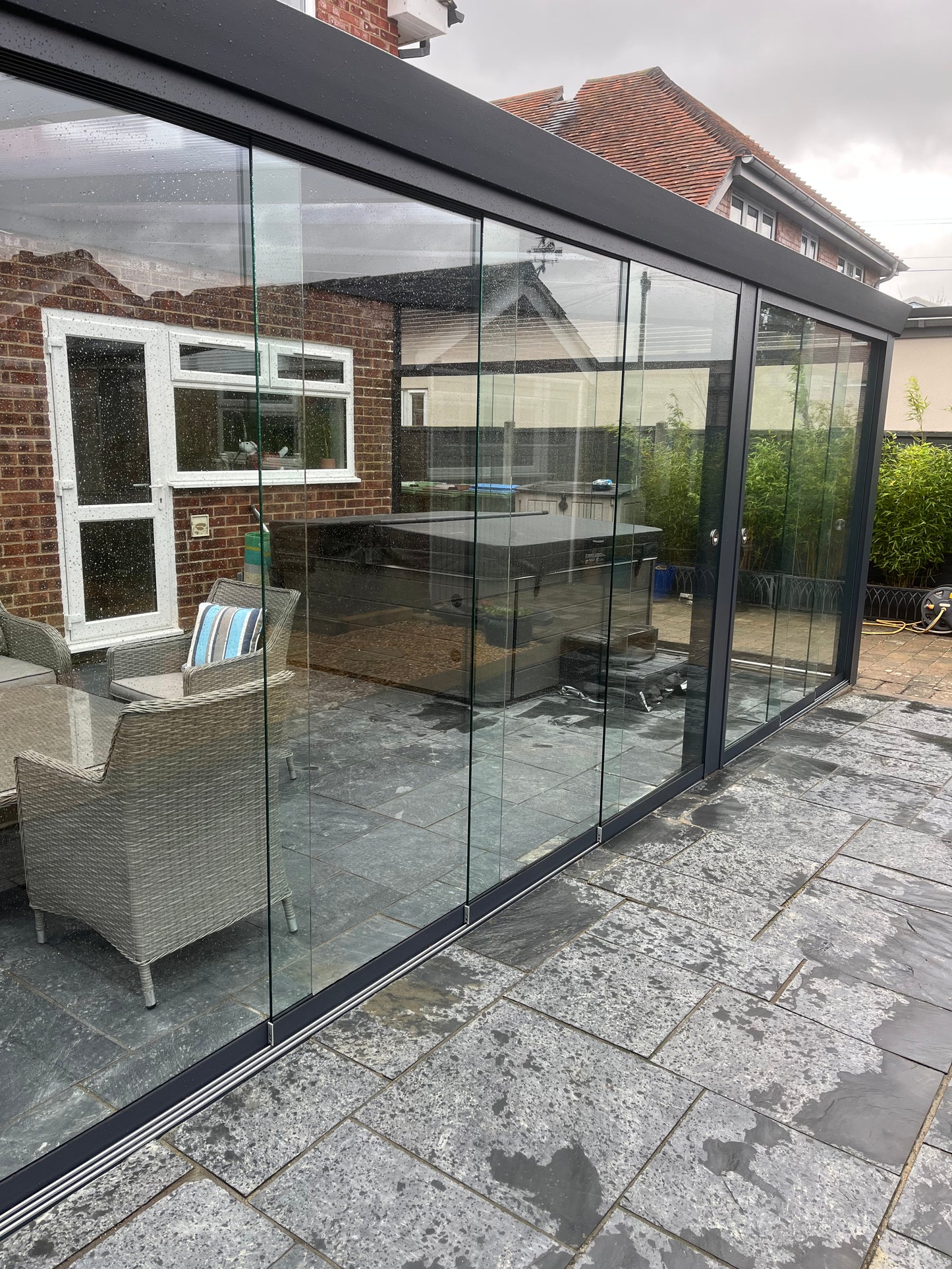 Front sliding glass doors .