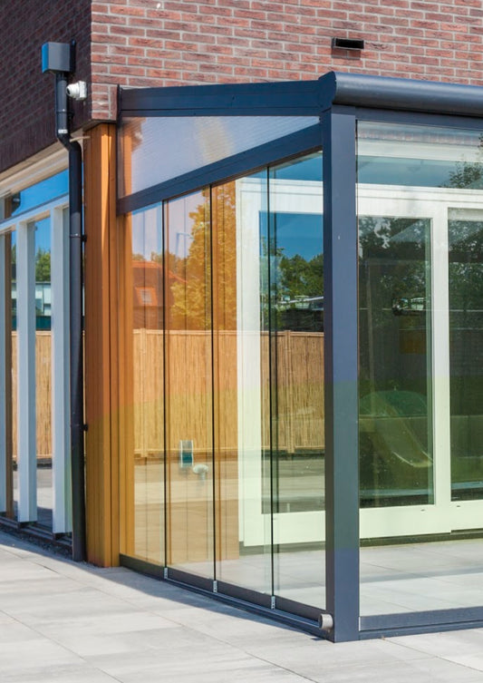 Side glass sliding doors with side gable