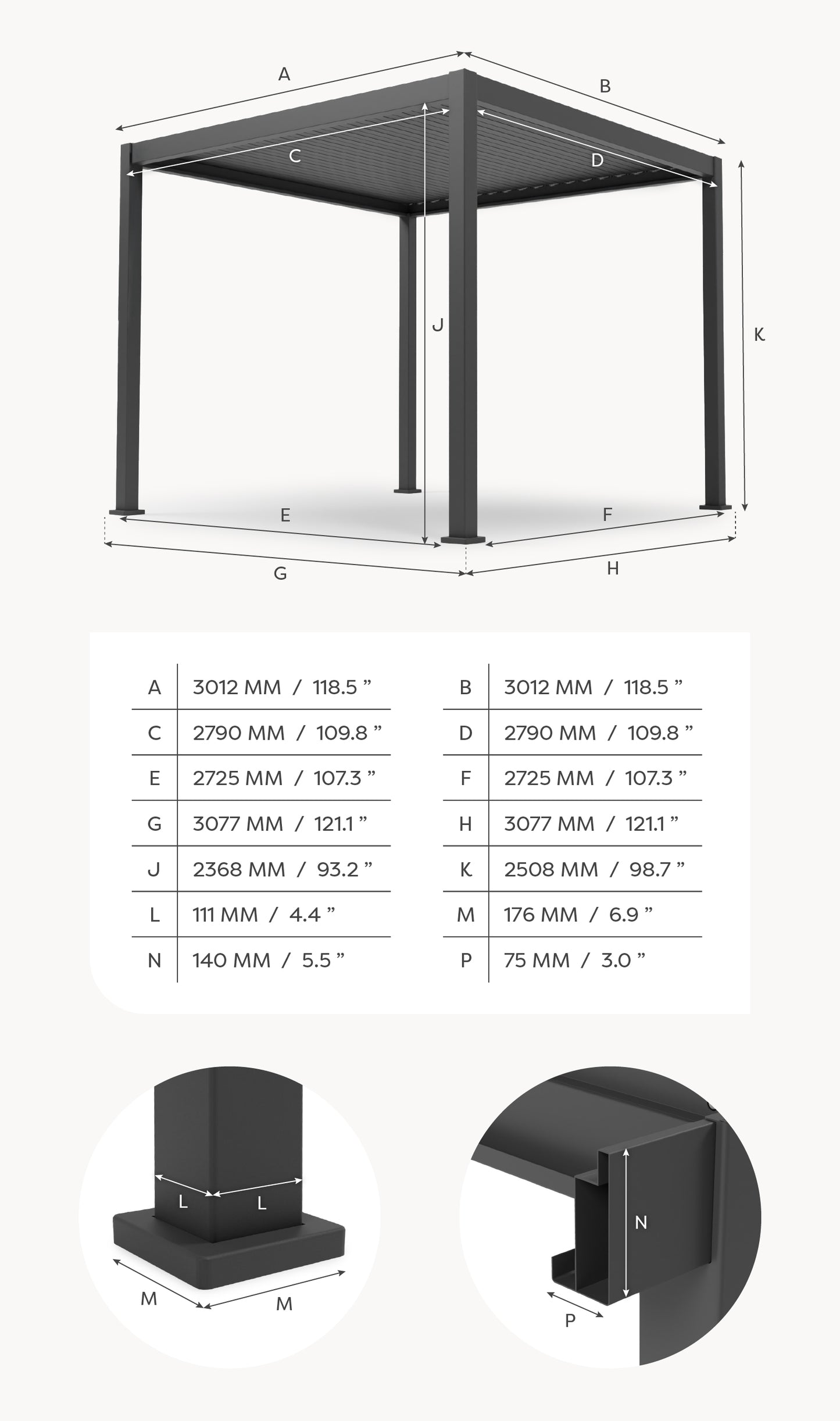 Titan Plus LED Aluminium Metal Pergola in Graphite Grey - 3.0m x 3.0m Free Standing