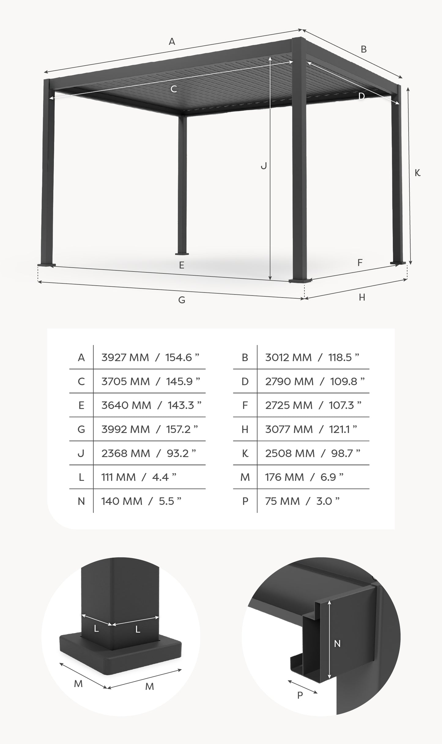 Titan Plus LED Aluminium Metal Pergola in Graphite Grey - 4.0m x 3.0m Free Standing