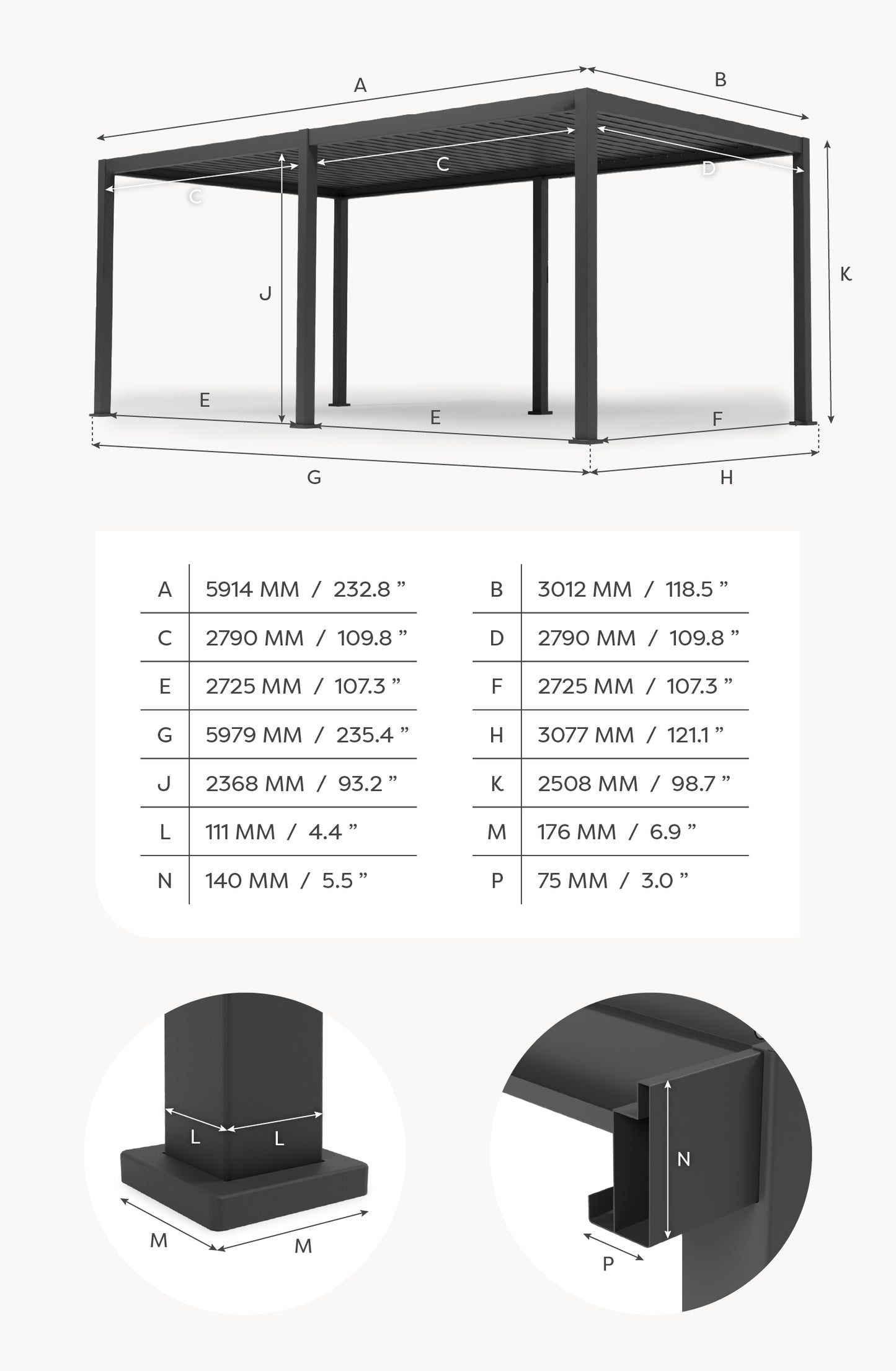 Titan Plus LED Aluminium Metal Pergola in Graphite Grey - 6.0m x 3.0m Free Standing