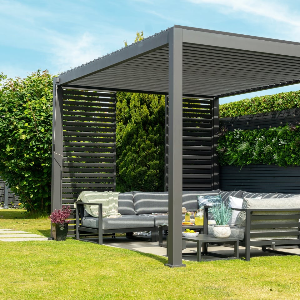 Nova Titan Aluminium Pergolas in Grey.