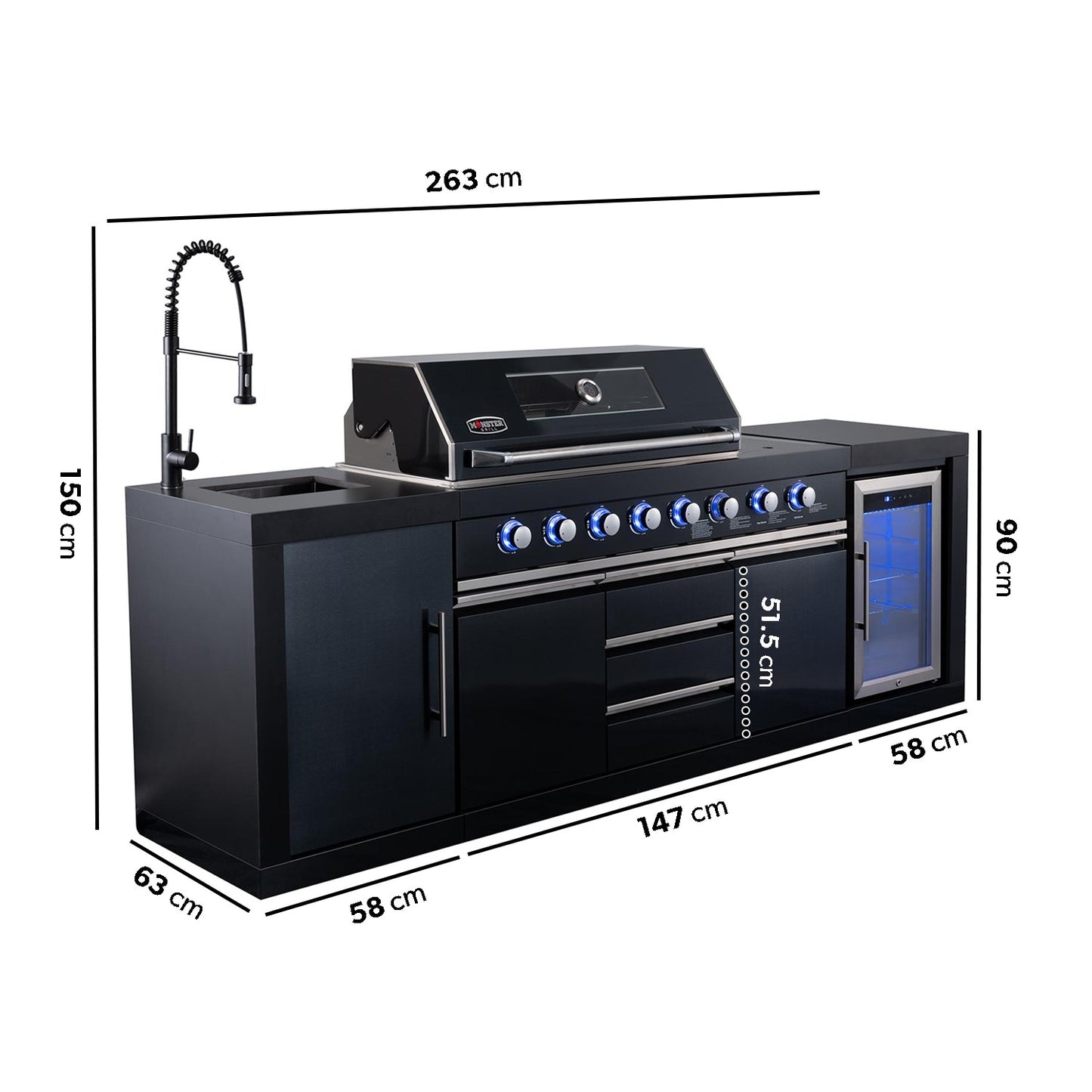 Cabinologist - Eclipse Ultimate Outdoor Kitchen - 6 Burner Gas BBQ Grill with Fridge Sink with Sintered Stone Worktops