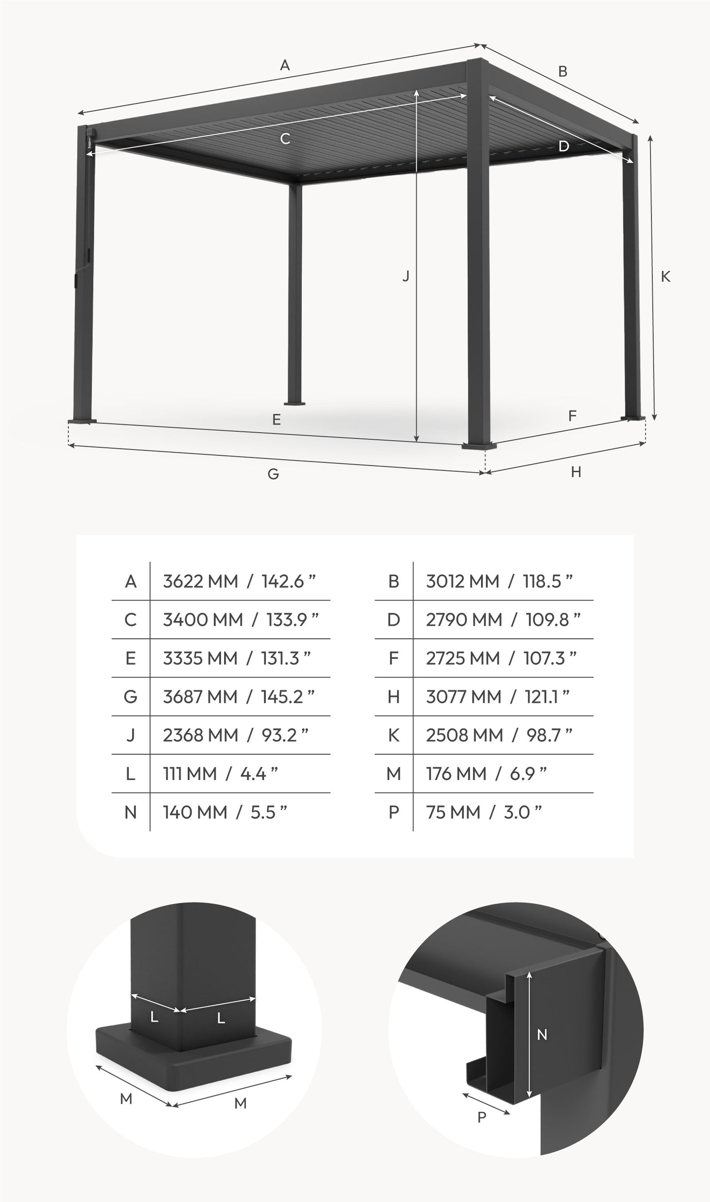Nova Titan 3 x 3.6m manual opening pergola - grey