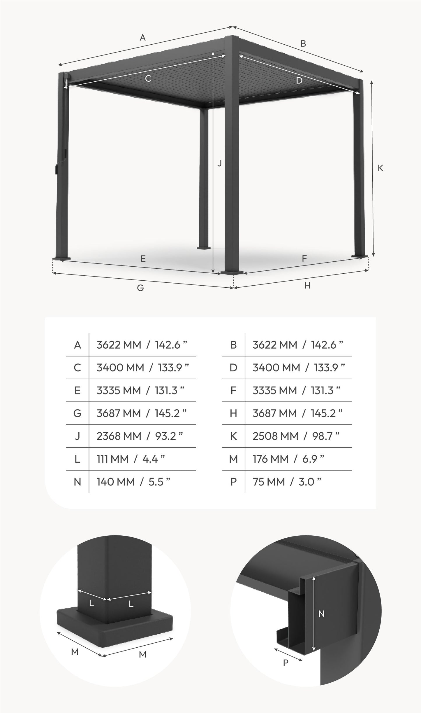 Nova Titan 3.6 x 3.6m manual opening pergola - grey