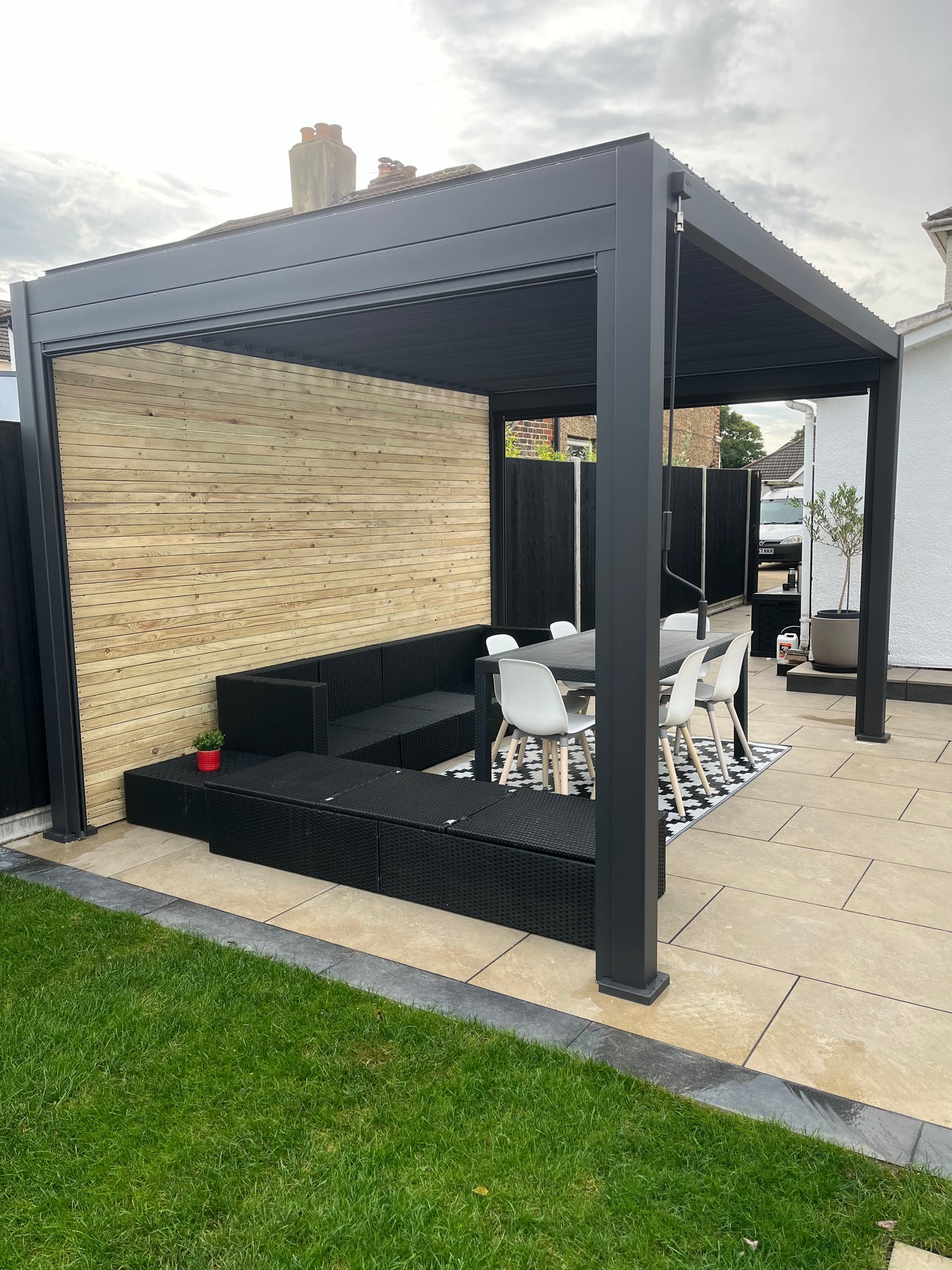 Timber slatted walls for pergolas .